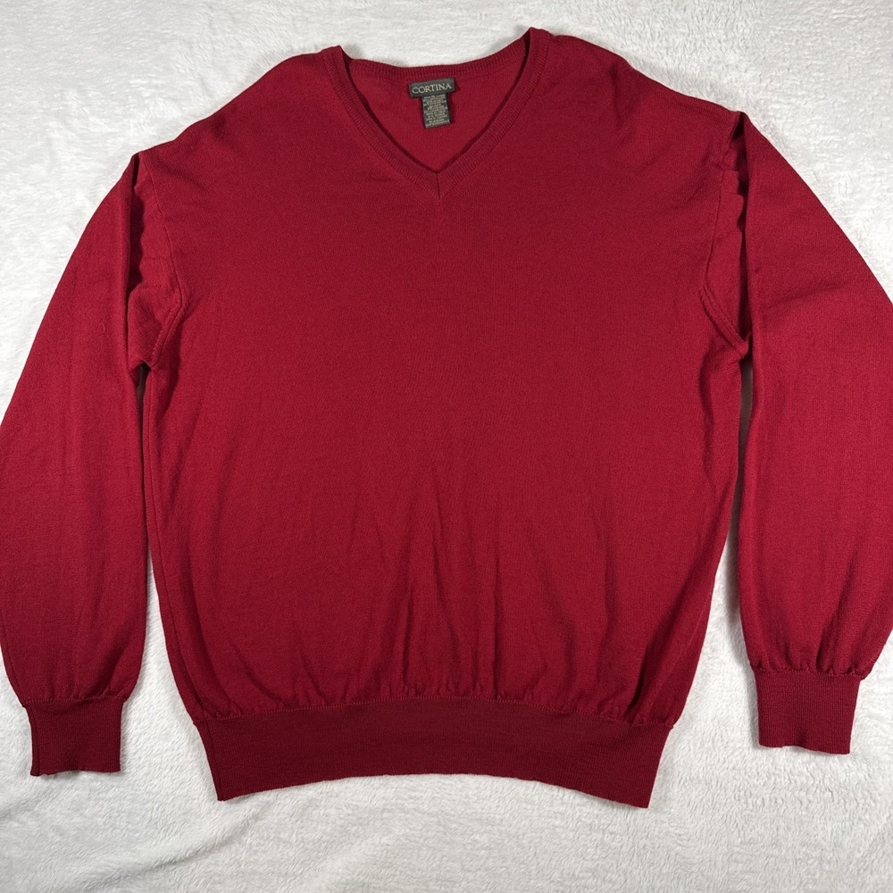 Cortina Men's XL Red 100% Merino‎ Wool V‑Neck Sweater Made in Italy EUC